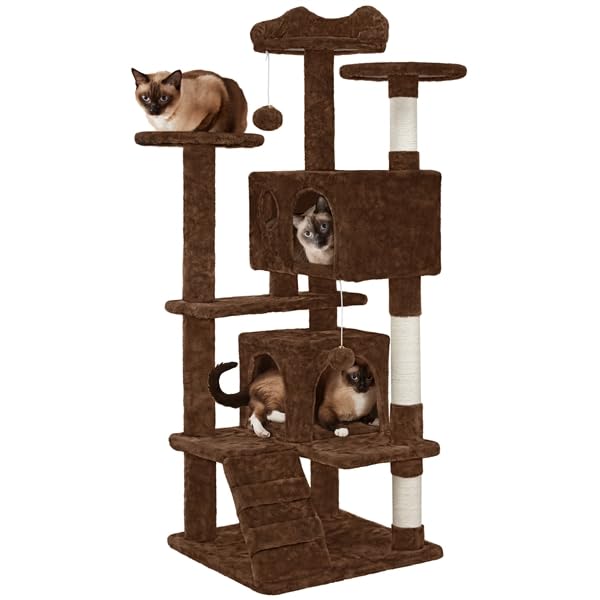 Yaheetech Kratzbaum Kletterbaum 139 cm hoch Katzenkratzbaum, Stabiler Katzenbaum mit 3 Plattformen, 3 Kratzsäulen, 2 Höhle, Plüschbälle Katzenmöbel, Braun