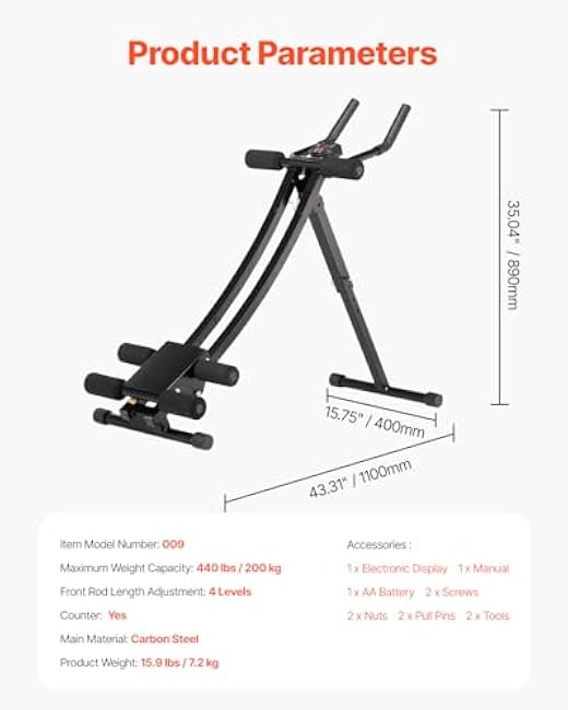 VEVOR AB Workout Machine, Ab Workout Equipment at Home Gym, Core & Abdominal Trainers for Women, 440 lbs Weight Capacity Strength Training Ab Cruncher, Foldable Adjustable Fitness Exerciser