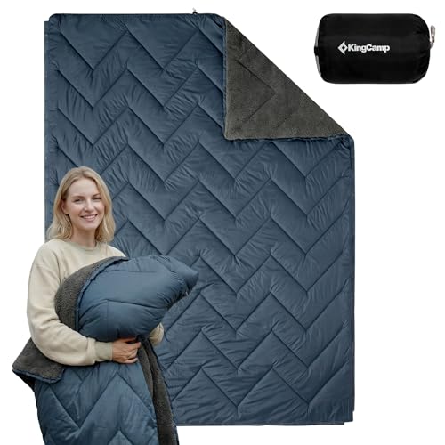 KingCamp Campingdecke Warm Reisedecke mit Sherpa-Futter Extra Dick und Warm Outdoor Decke Wasserdicht Thermodecke für Camping Strand Stadien Innen Camping Ausrüstung(Grau/Blau 200x145cm)