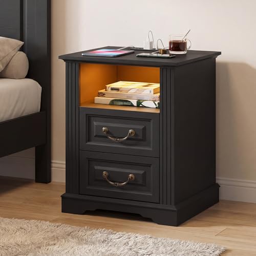 Image of RALGEND Farmhouse End Table with 2 Drawers, Nightstand with Charging Station, End Tables Living Room with LED Lights, Bedside Table for Bedroom, Living Room, Black