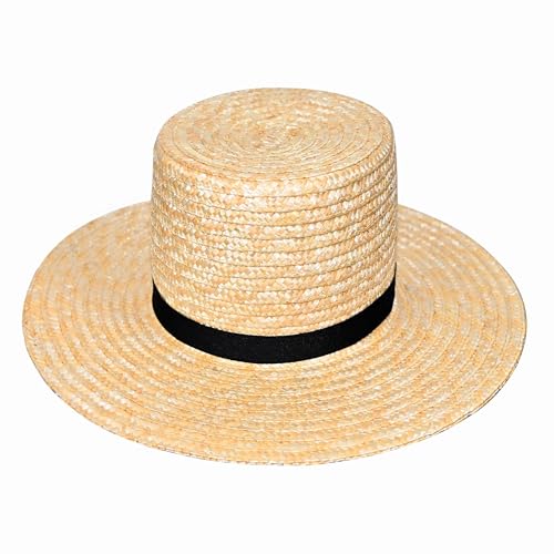 Amish Straw Boater Hat for Men Women Skimmer Hats 20s Vintage Style Flat Top Hat Wide Brim with Black Fabric Band Halloween Costume Accessory