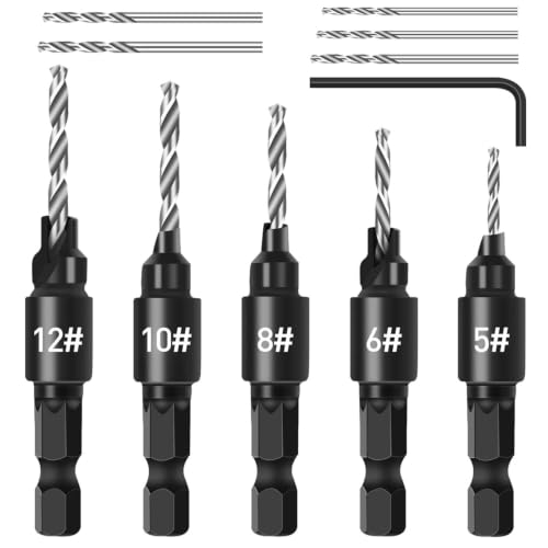 Brocas avellanadoras de 5 piezas para carpintería con vástago hexagonal de cambio rápido de 1/4"