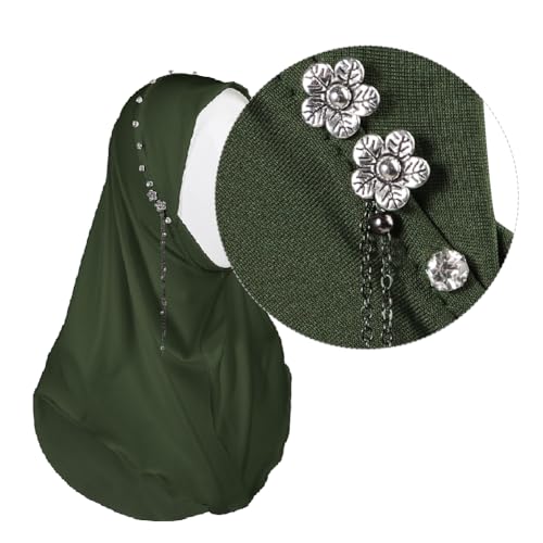 SIQITECHNO Women Plain Muslim Hijab Rhinestone Flower One piece Hijab with Chain Muslim Instant Turban Easy to Put on4