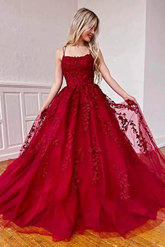 L/Y Dames tule baljurken spaghetti kant lange avondjurken bruidsjurken Quinceanera jurken, rood, 38 - Image 4