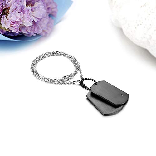JewelryWe Dog Tag Halskette Herren: Schwarz Edelstahl 2 Glänzend Poliert Erkennungsmarken Hundemarke Anhänger Kette mit Zirkonia Militärische Armee Stil Schmuck Geschenk für Männer
