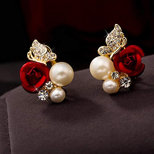 Flower Pearl Earrings - Cz Floral Pearl Stud Earrings For Women,S925 Sterling Silver Red Rose Pearl Stud Earrings Hypoallergenic,Spring Dainty Earrings Gifts For Girls #TOP2