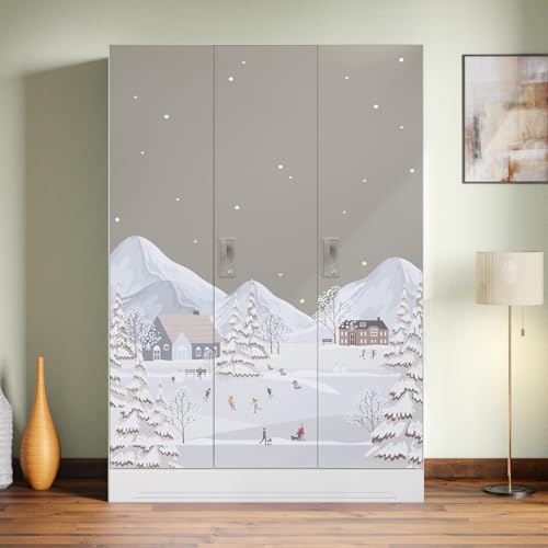 Image of Interio by Godrej Slimline 3-Door Digital Printed Steel Almirah (Snowscape Warm Grey), 1-Year Warranty, 1 Locker