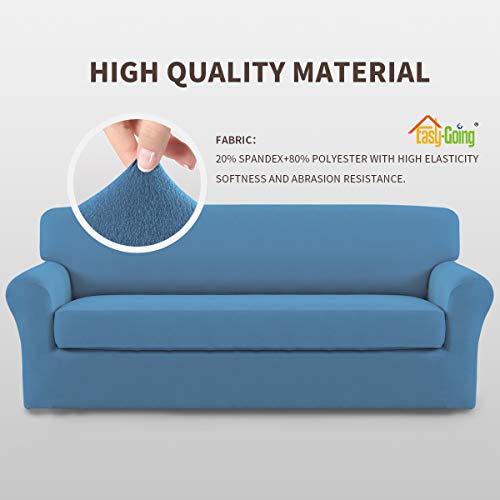 Image of Easy-Going 2 Pieces Stretch Couch Sofa Slipcover Washable | Spandex Soft Fitted Sofa Couch Cover for Sofa Furniture Protector with Bottom Kids,Pet Dog Light Blue