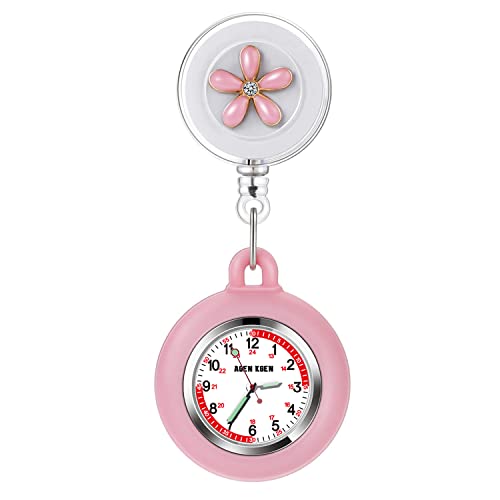 AGEN KGEN 3X Retractable Nurse Watch for Nurses Doctors Clip-on Hanging Lapel Nurse Watch Silicone Cover Brooch Fob Pocket Watch Badge Reel (Pink)