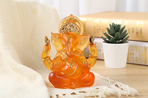 H&W 5.6''H Blessing A Orange Resin Statue Of Lord Ganesha Ganpati Elephant Hindu God, Elephant God Statue, Lmitation Glass Sculpture Buddha Figurine Decoration #TOP2