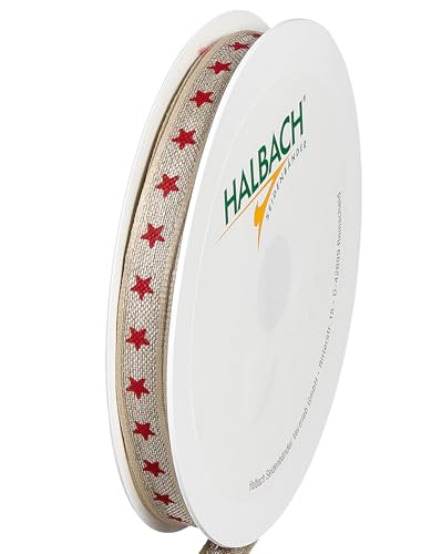 Halbach Seidenbänder Geschenkband Sterne | Leinen Band mit Drahtkante und Sternen Druck für Weihnachten | Farbe: natur/rot