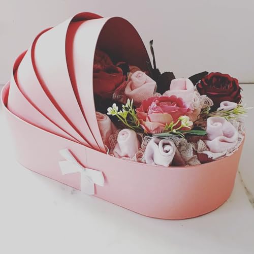 Baby Shower Crib Basket Shaped Cardboard Box Decorative Paper Mache for Flower Sweet Treat (Pink)