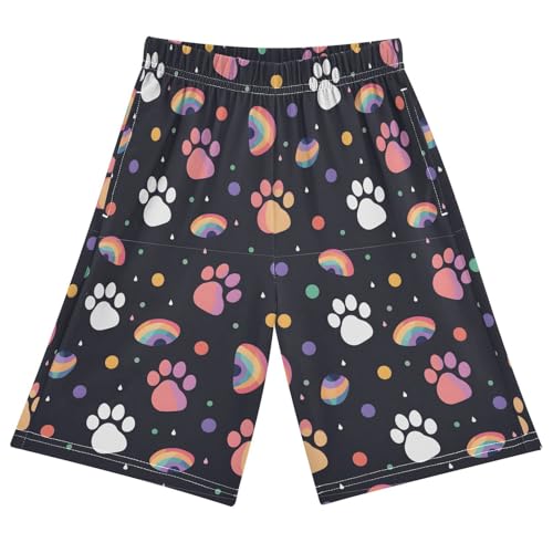 Cat Paw Rainbow Sleep Shorts Summer Pajama Shorts Elastic Waist Sleep Bottoms with Pockets 6-14 Years