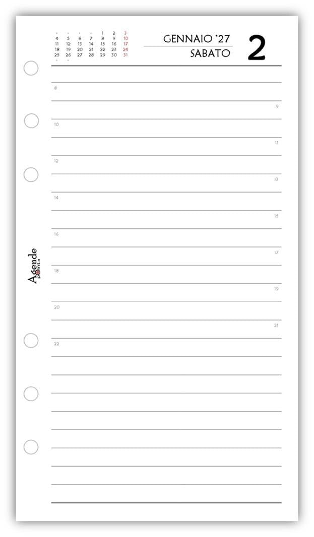 Agenda 2027 Organizer Giornaliera a Righe 9,5x17 cm 6 Fori Carta Bianca 80gr Bianco e Rosso
