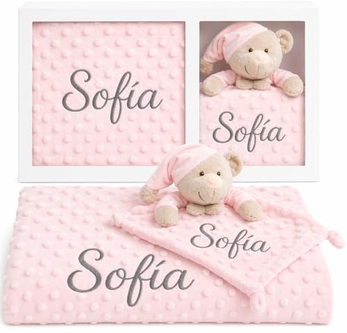 mibebestore Pack Manta Bebé Personalizada con Nombre con Doudou Bordado Regalo para Recién Nacido Niño o Niña Mantita Minky Suave 80x100 cm Dou Dou 25x25 cm para Cuna Coche - Oso Rosa