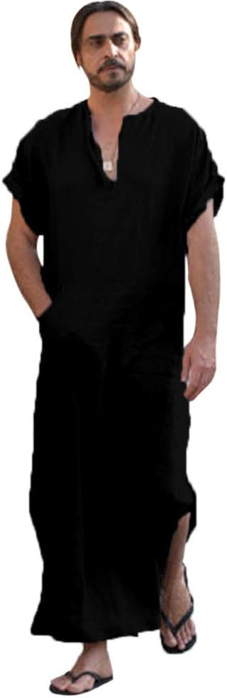 WUAI Mens Casual Linen Robe Short Sleeve Loose Fit V-Neck Kaftan Abaya Thobe Long Gown