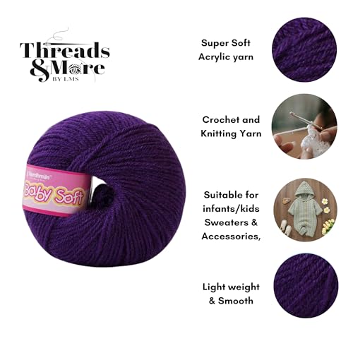 Image of Vardhman Baby Soft Yarn Pack of 6 - 4-Ply Acrylic Wool 150g Total | Soft Yarn for Knitting & Crocheting Baby Blankets, Sweaters, Toys & Accessories | 86m per 25g Ball (1, Purple)