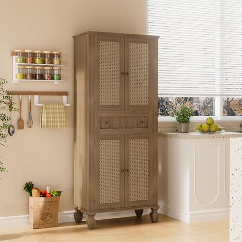 Yeyawomy 72 inch Kitchen Pantry Storage Cabinet, Freestanding Pantry Cabinet, Tall Cabinets with Doors and Shelves,Freestanding Cupboard with Adjustable Shelves for Dining Room， Natural