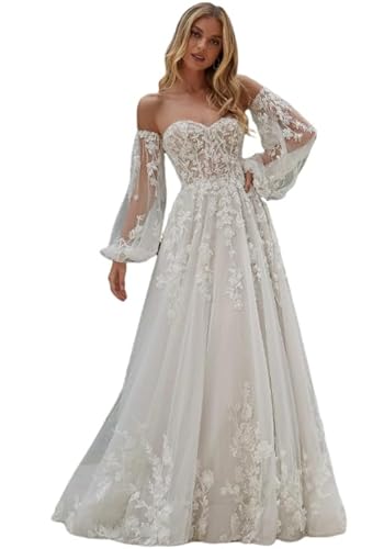 Long Sleeve Lace Wedding Dresses for Bride Off Shoulder Satin Wedding Gowns Train Bridal Dresses for Women White 8