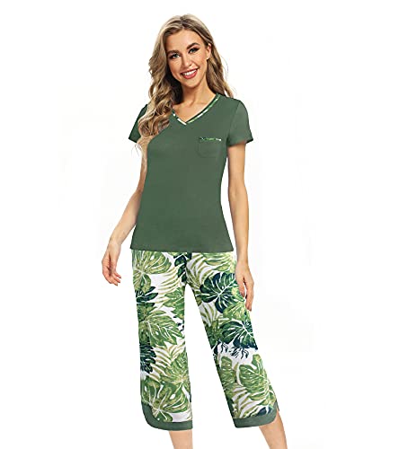 Izzy + Toby Womens Capri Pajama Set Summer Pajamas For Women Short Sleeve Top With Capri Pants Sleepwear Cotton Pjs Sets Ladies Pajamas Sets Print Capri Pajama Sets Lounge Set Dark Green Leaf Xxl #TOP30