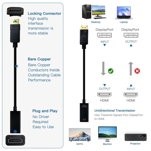 Zafina-UP 2 Pack DisplayPort to HDMI Adapter 4K Unidirectional DP to HDMI Converter for Laptop, PC, Monitor, TV, Projector