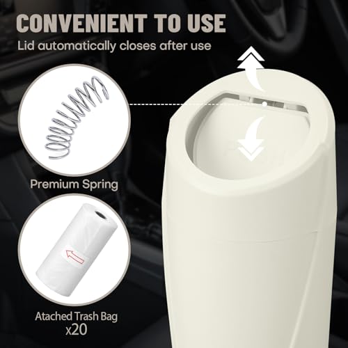 Image of Car Trash Can Bin with Lid - Car Garbage Can Cup Holder - Cream Mini Leakproof Vehicle Garbage Bin with 20pcs Trash Bags-Automotive Organizers and Storage for Front Back Seat Accessories