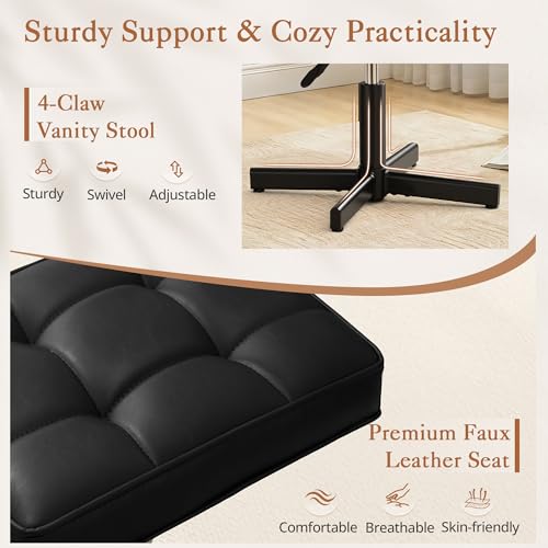 Image of LUE BONA Adjustable Vanity Stool, Foot Rest Under Desk, 360 Swivel Vanity Chair for Makeup Room, Black Upholstered Faux Leather Ottoman for Bathroom & Living Room, 300lbs