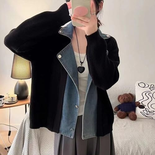 FindThy Women’s Denim Patchwork Knit Cardigan Trendy Lapel Collar Long Sleeve Button Down Oversized Sweater Coat2