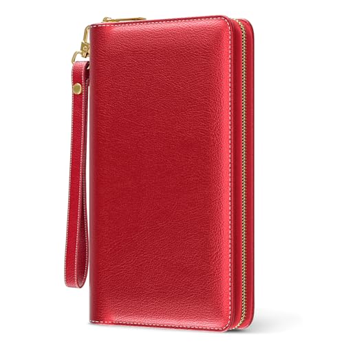 Image of Nipichsha Womens Wallet, RFID Wristlet Wallet for Women, Cute Ladies Purse, Large Credit Card Clutch Purse, Leather Card Holder Wallets with Zipper & Phone Holder, Red