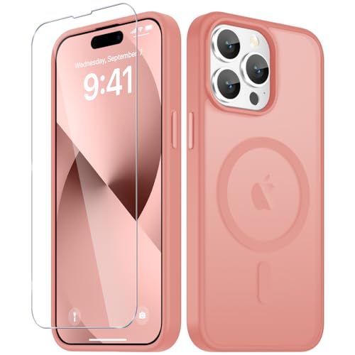 Image of YENAPOON for iPhone 14 Pro Max Case, Matte Magnetic Phone Cover [with 1 Screen Protector] [Support for MagSafe] [Shockproof Military Grade Protection] Translucent Frosted Back, Pink