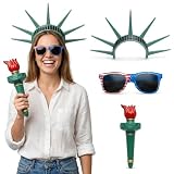 PMU 3 Pcs Patriotic Accessories Set, 4th of July Outfit Costume for Women – Patriotic Liberty Torch with Red Flame, Headband & Glasses – Red White Blue Outfit for Memorial Day