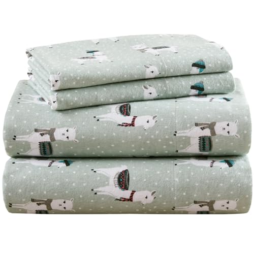 Codi Flannel Sheets Full Size- 4 Pieces Ultra Soft Warm Sheet Set, Cozy 100% Cotton Bedsheets, Novelty Printed Bedding Sets, 12 Inch Deep Pocket, Seafoam Llama