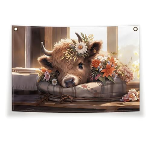 Cilrii Highland Cow Canvas Flag,Highland Cow With Flower Canvas Banner,Highland Cow Gifts For Women Men,Highland Cow Lover Gifts,Highland Cow Decor For Bedroom Living Room 30X20 Inch