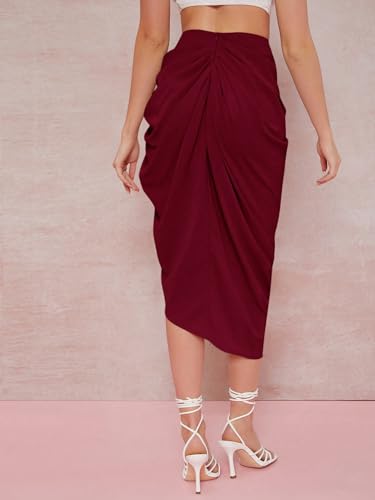 WDIRARA Women's Skirts Split Thigh Front Satin Skirt High Waist Ruched Zip Back WrapMidi Skirt2