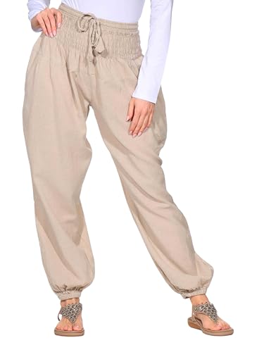 Kunst und Magie Damen Pluderhose Haremshose Sommerhose Hippie Goa Wellness Yoga, Größe Damen:38-42(L/XL), Farbe:Hanffarben