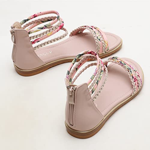 Lociixat Womens Summer Floral Print Ankle Straps Flat Gladiator Sandals With Zip Back, Pink 6 #TOP3