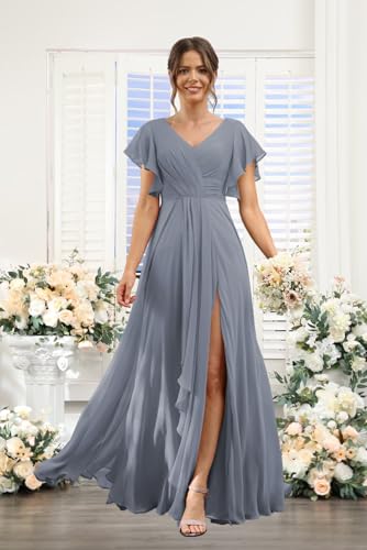 RSOETOO Women's Flutter Sleeves Bridesmaid Dresses 2025 with Slit Chiffon V Neck Formal Party Dress RO2913