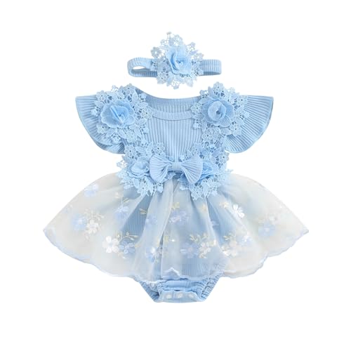 Image of Hnyenmcko Newborn Baby Girl Summer Romper Dress Infant Fly Sleeve Flower Embroidery Mesh Tulle Skirt Hem Ribbed Bodysuit