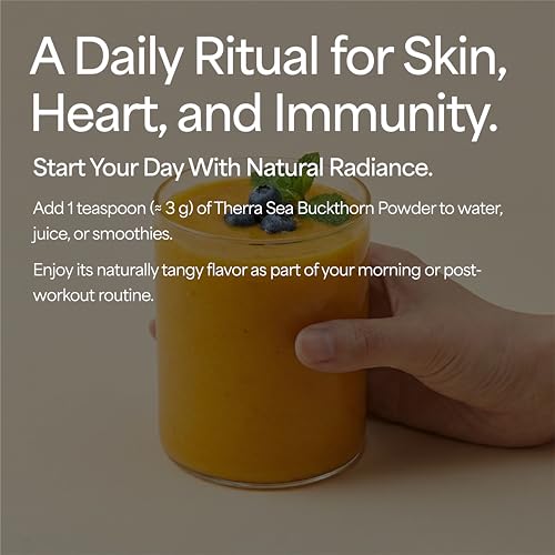 Image of Therra Sea Buckthorn Powder - 250g | 100% Pure & Organic Sea-Buckthorn | Natural Immunity Booster with Omega 3-6-7-9 | Strong Antioxidant for Skin Glow, Gut & Heart Health | Rich in Vitamins, Fiber & Phytonutrients | Naturally Dried