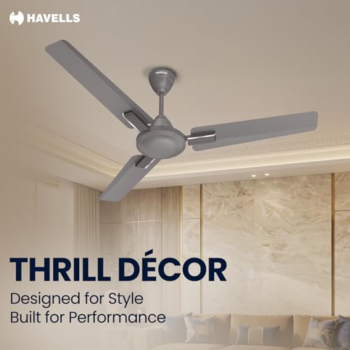 Image of Havells 1200mm Thrill Decor Energy Saving Ceiling Fan| High Speed, High Air Delivery| Strong & Powerful Motor|Air Delivery: 220 m /min| Speed: 370 RPM| 2 Year Warranty |(Pack of 1, Stone Grey)