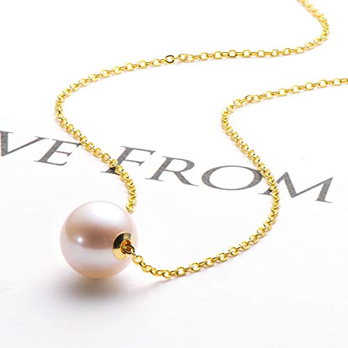 18K Gold White Pearl Pendant Necklace 9.5-10mm Freshwater Cultured Single Pearl Necklace Gifts for Women Wife Mom Valentines Day - White Gold/Yellow Gold2