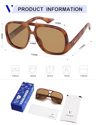 Image of VANLINKER Oversized Aviator Polarized Sunglasses for Women Men Retro Square Eyewears Vintage 70s Style Low-Set Temples VL9822