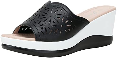 Jeossy Women Platform Wedge Sandals Black White Cutout Open Toe Outdoor Summer Slip on Shoes for Women Size 8.5(DJY828 Black White 08.5)