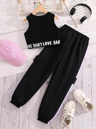 Image of Girls 2 Piece Outfit Set for Tween Girls, Sleeveless Crop Tank Top & Cargo Pants Jogger Set