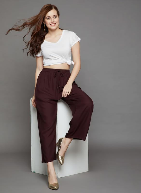 Image of Super Soft Viscose Rayon Flared Palazzo Pants for Women Stylish Wide Leg Straight Relaxed Fit Casual Ethnic Office Wear