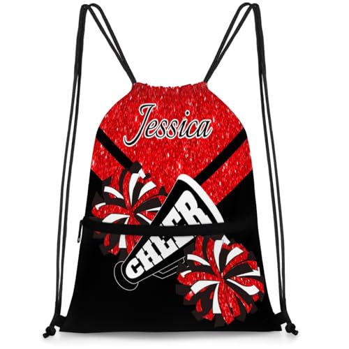 Personalized Drawstring Backpack Cheer Bag Cheerleader Bags, Red Glitter Custom Sport Gym Bag