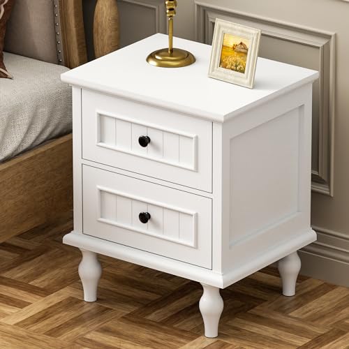 Image of Scurrty Vintage Nightstand Set of 2, Antique Style End Table with 2 Drawers, Taller Nightstand for Bedroom, Side Table for Bedroom (White)
