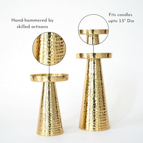 Image of Behoma Handcrafted Hammered Gold Pillar Candle Holder Gift Set | Luxury Table Centerpiece for Living Room & Dining Table | Premium Home & Wedding Decor Gift (Set of 2, Candles Not Included)