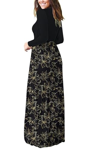 Image of AUSELILY Womens Long Sleeve Maxi Dress Casual Empire Waist with Pockets | Versatile year round long dress for spring, fall, winter, available in floral prints and solids