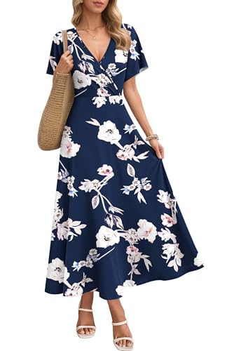 AUSELILY Vestido Elegante para Mujer 2026 - Vestido Maxi de Verano con Mangas Cortas Cuello en V y Bolsillos Ligero y Cómodo para Playa y Vacaciones Flor Zafiro XL